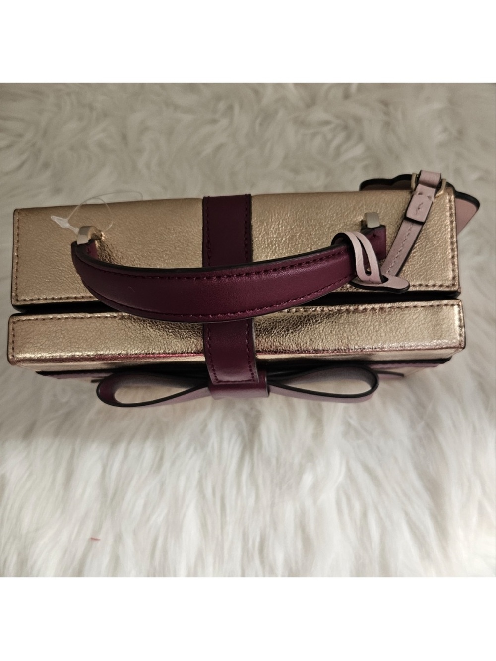 kate spade Wrapping Party Metallic Gold Mini Box Bag with Burgundy Bow NWT - Picture 9 of 14